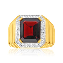 Load image into Gallery viewer, 9ct Yellow Gold 12x10mm Emerald Cut Garnet and Diamond Halo Gents Ring