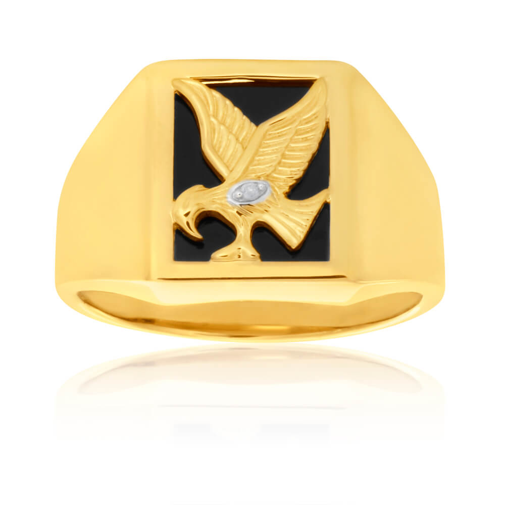 9ct Yellow Gold Eagle Gents Ring with Onyx and Diamond