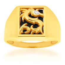 Load image into Gallery viewer, 9ct Yellow Gold Onyx and Diamond Dragon Gents Ring