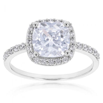 Cubic Zirconia Cushion Cut Halo Ring in 9ct White Gold