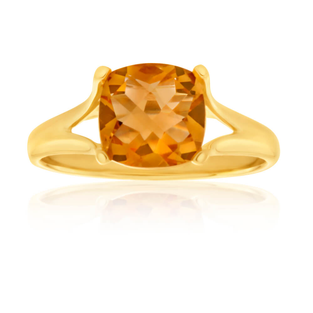 9ct Yellow Gold 2.00 Carat Cushion Cut Citrine Ring