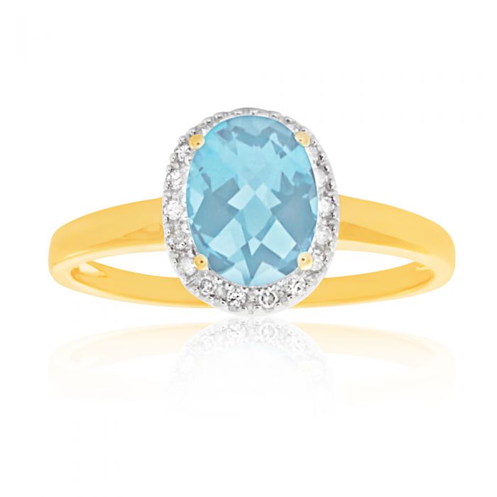9ct Yellow Gold Blue Topaz 6x8mm and Diamond Halo Ring
