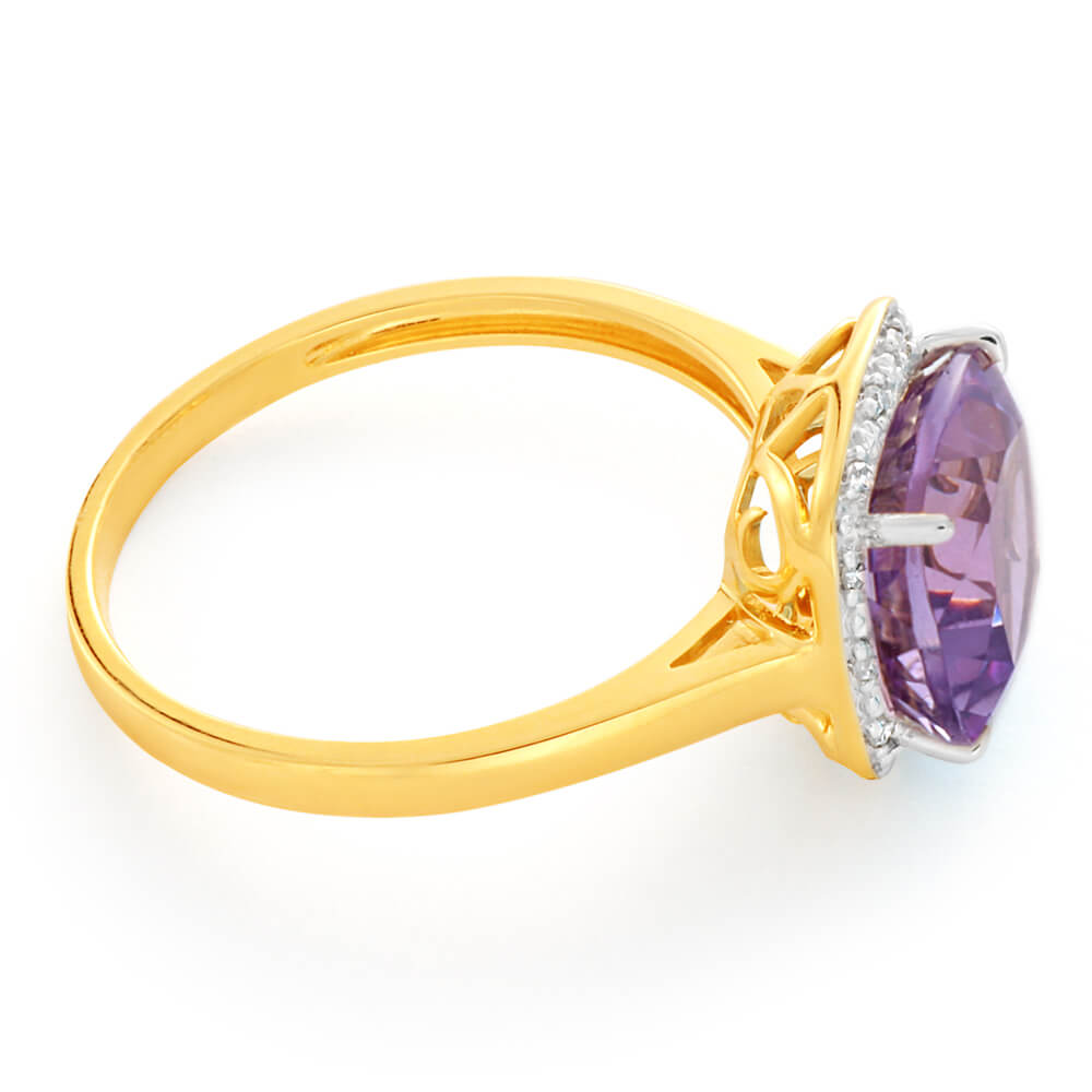 9ct Yellow Gold 8mm Amethyst Diamond Ring