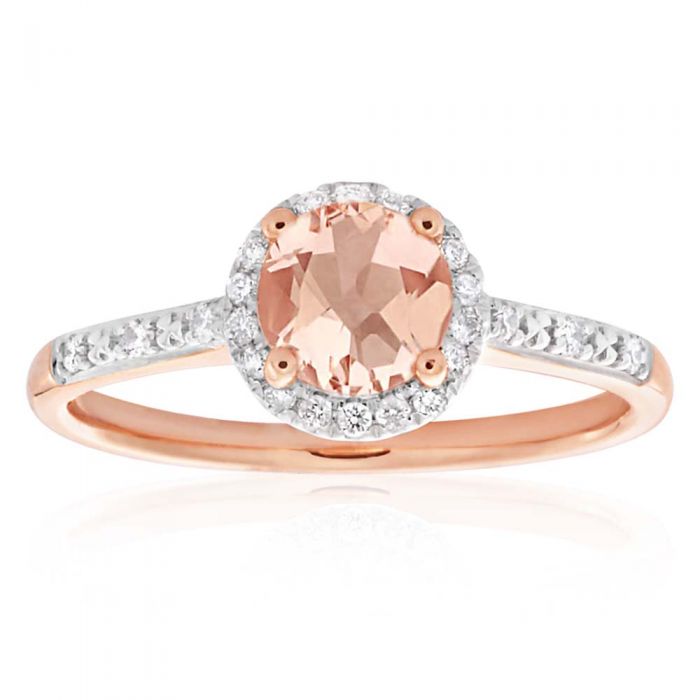 9ct Rose Gold Morganite 6mm and Diamond Halo 0.14ct Ring