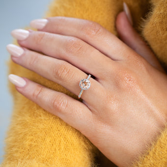 9ct Rose Gold 0.8ct Morganite and 0.10 Carat Diamond Halo Ring