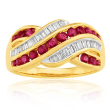 Load image into Gallery viewer, 9ct Yellow Gold Natural Ruby 0.93ct and 1/3 Carat Diamond Wave Ring