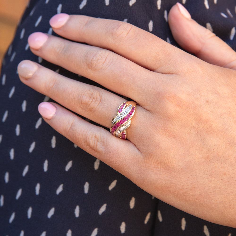 9ct Yellow Gold Natural Ruby 0.93ct and 1/3 Carat Diamond Wave Ring