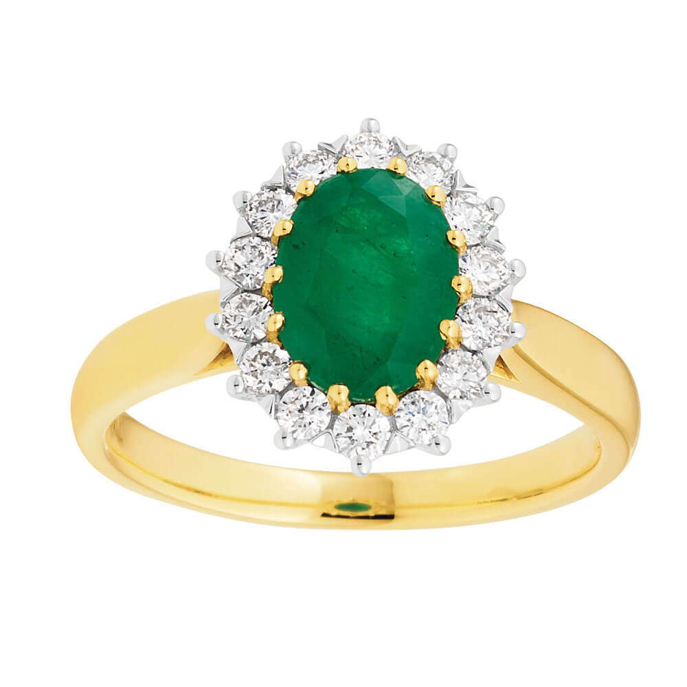 18ct Yellow Gold Natural Emerald 8x6mm and Diamond Ring