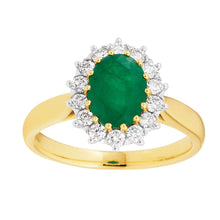 Load image into Gallery viewer, 18ct Yellow Gold Natural Emerald 8x6mm and Diamond Ring