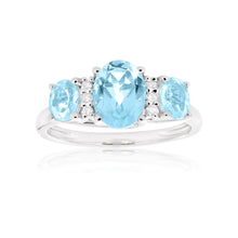 Load image into Gallery viewer, 9ct White Gold Sky Blue Topaz &amp; Diamond Trilogy Ring
