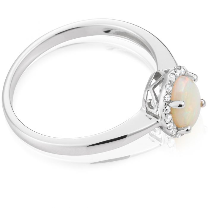 9ct 0.45ct Natural White Opal and Diamond Halo Ring