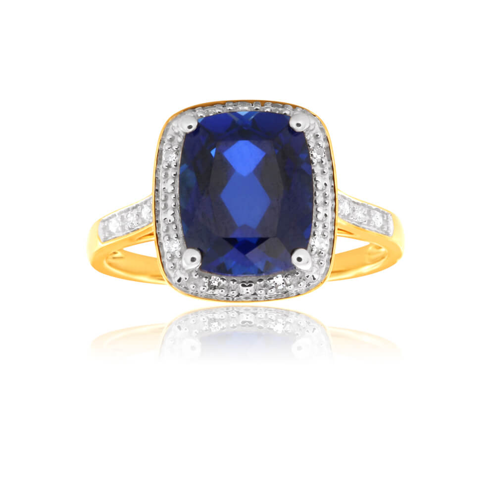 9ct Yellow Gold Created Sapphire 10x8mm and Diamond Ring