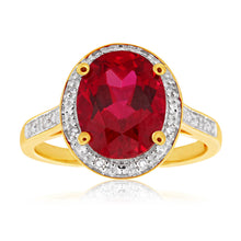 Load image into Gallery viewer, 9ct Yellow Gold Created Ruby 10x8mm and Diamond Ring