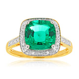 9ct Yellow Gold Cushion Cut Created Emerald 9mm and Diamond Ring