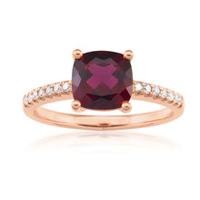 Load image into Gallery viewer, 9ct Rose Gold 7mm Cushion Cut Rhodolite Garnet Ring with 0.11ct Diamonds