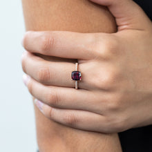 Load image into Gallery viewer, 9ct Rose Gold 7mm Cushion Cut Rhodolite Garnet Ring with 0.11ct Diamonds