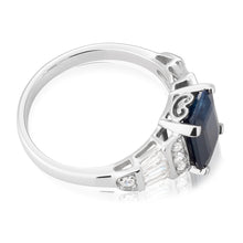 Load image into Gallery viewer, 18ct White Gold Natural Black Sapphire 3.00ct Emerald Cut Ring with 0.50ct Diamonds