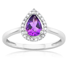 Load image into Gallery viewer, 9ct White Gold Amethyst &amp; Diamond Pear Shape Ring