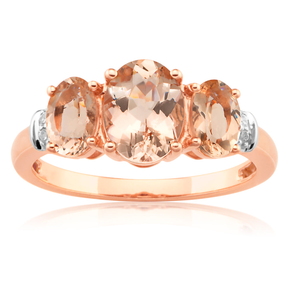 9ct Rose Gold Morganite 1.98CT & Diamond 0.025CT Trilogy Ring