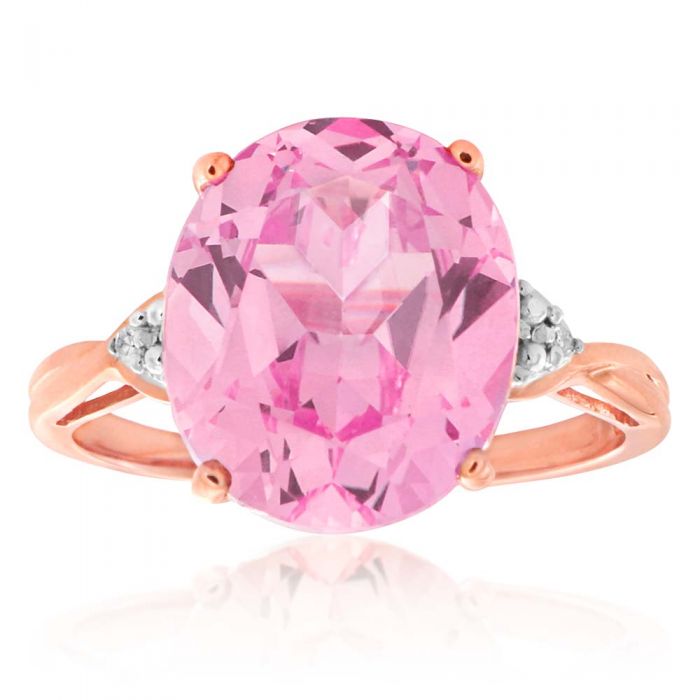 6.30 Carat Oval Created Peach Sapphire & Diamond Ring in 9ct Rose Gold