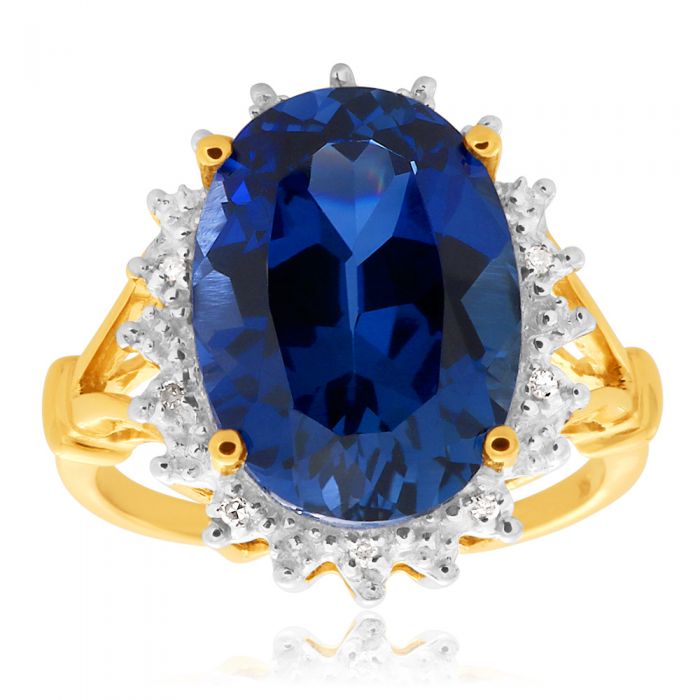 9ct Yellow Gold Created Sapphire Diamond Ring