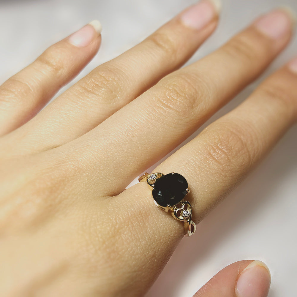 9ct Yellow Gold Natural Black Sapphire & Diamond Ring