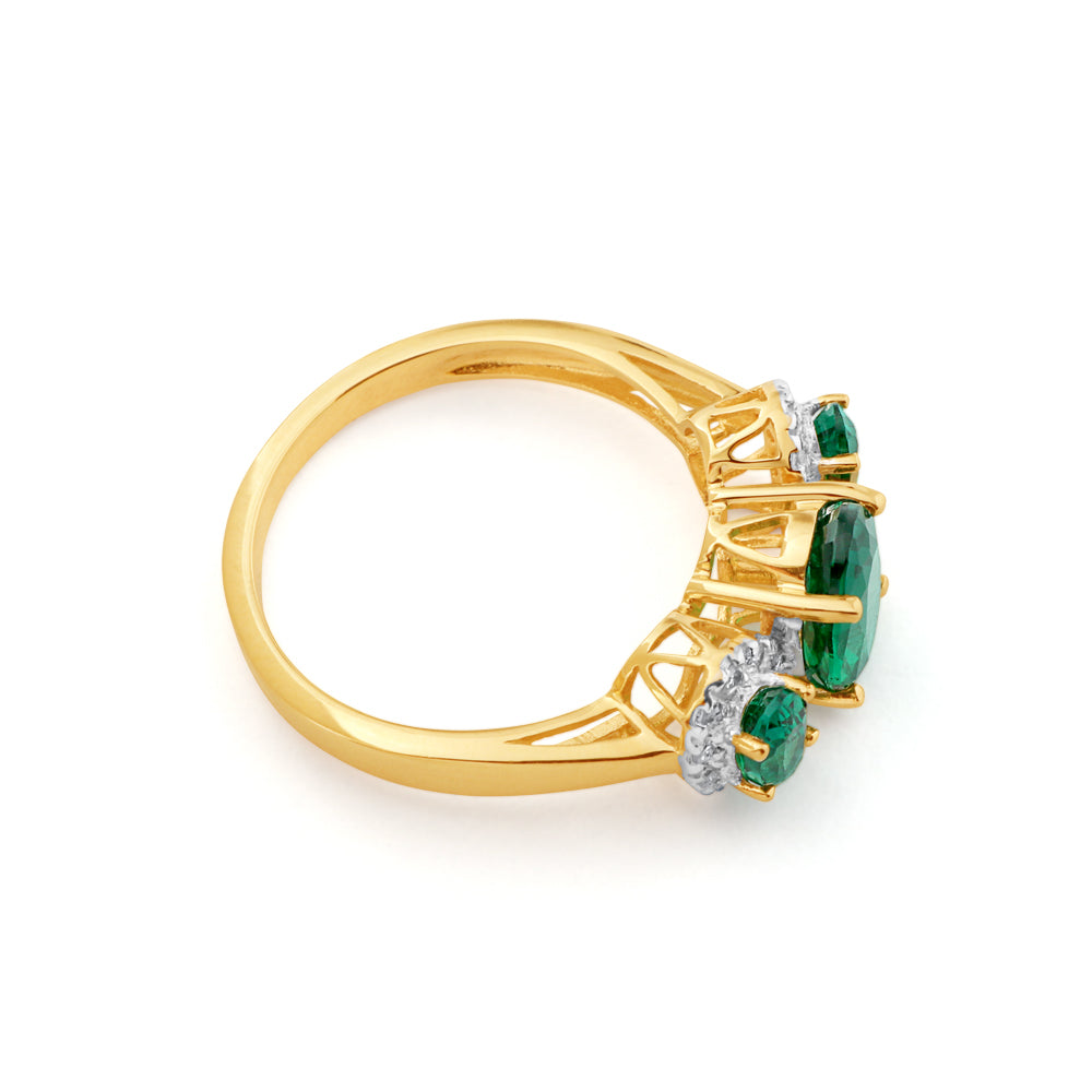 9ct Yellow Gold Created Emerald & Diamond Trilogy Ring