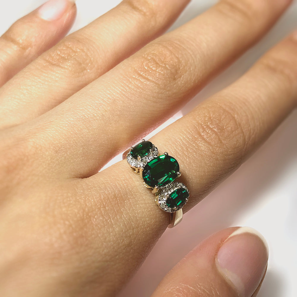 9ct Yellow Gold Created Emerald & Diamond Trilogy Ring