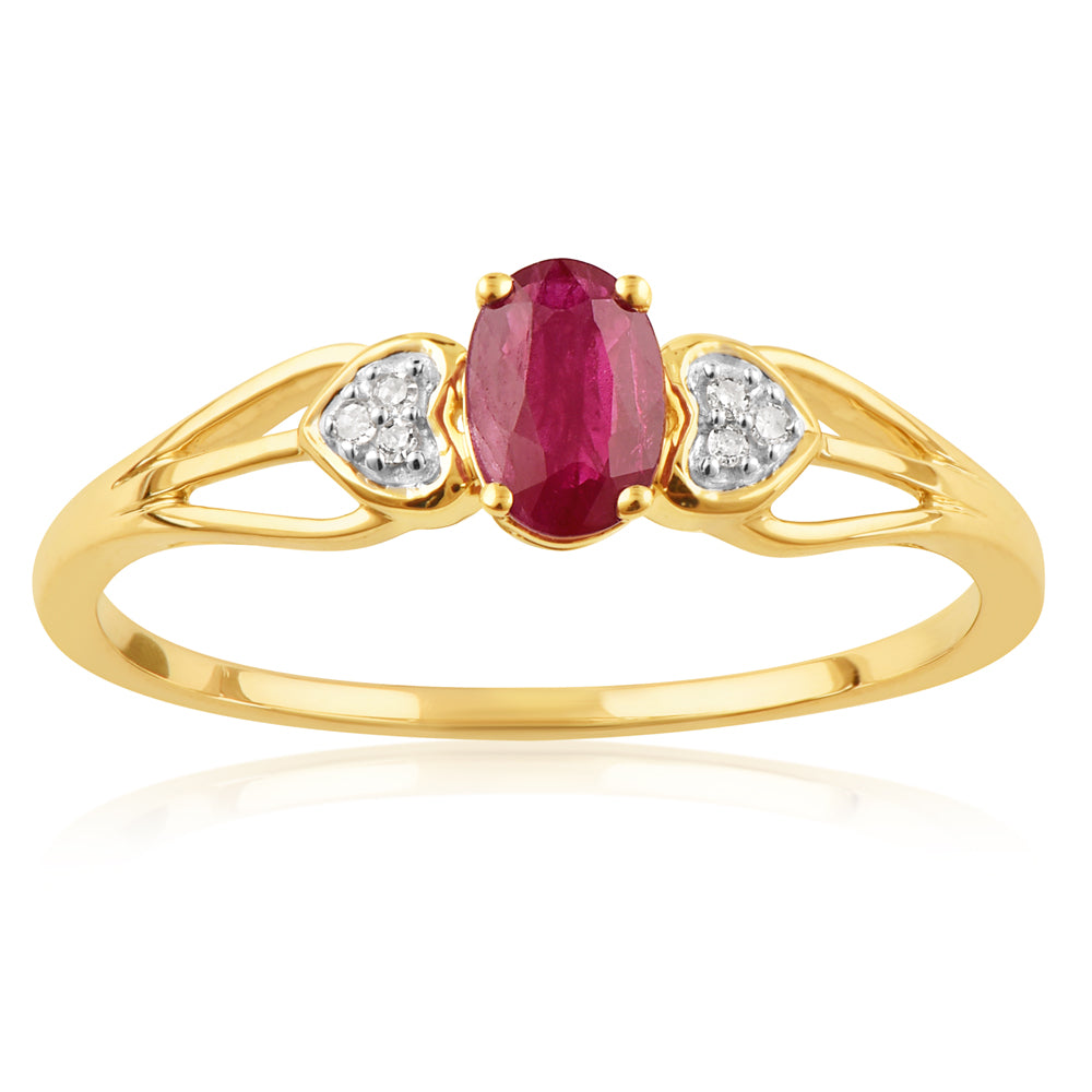 9ct Yellow Gold 6x4mm Oval Natural Ruby & Diamond Ring
