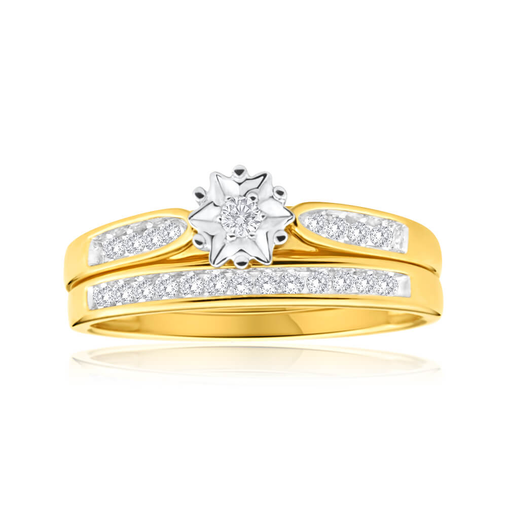 9ct Yellow Gold 2 Ring Bridal Set With 1/4 Carats Of Channel Set Diamonds