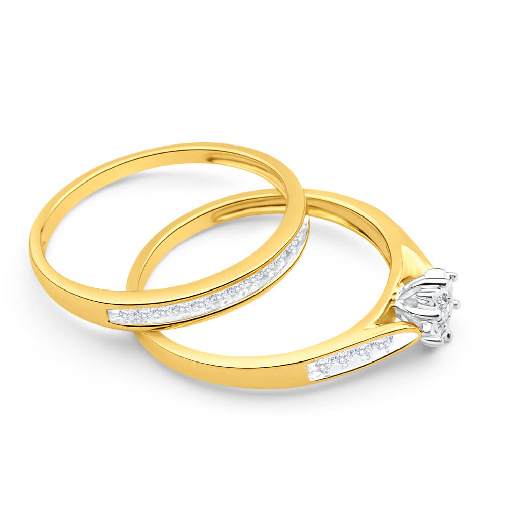 9ct Yellow Gold 2 Ring Bridal Set With 1/4 Carats Of Channel Set Diamonds
