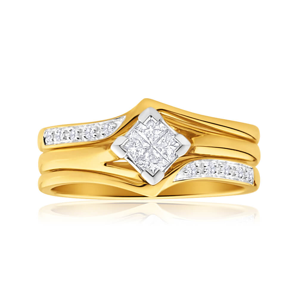 9ct Yellow Gold 3 Ring Bridal Set With 0.25 Carats Of Diamonds