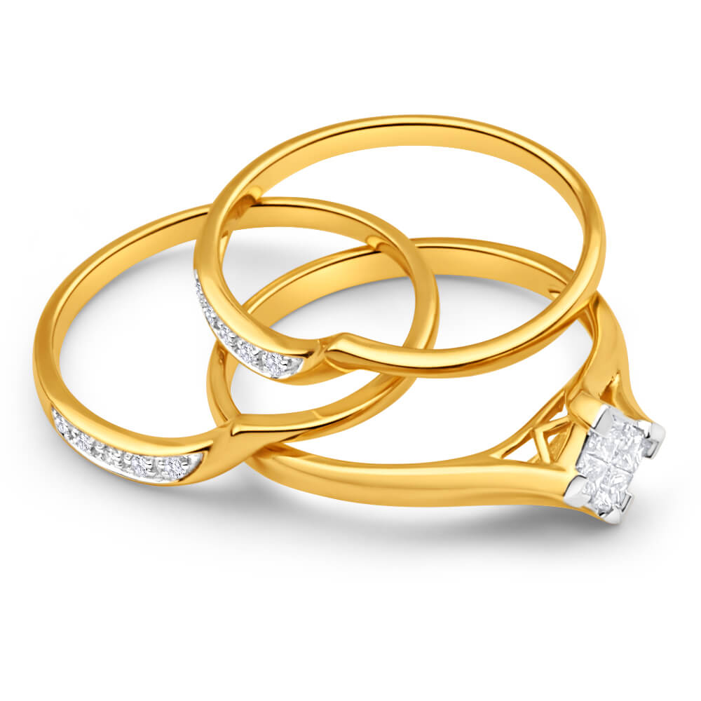 9ct Yellow Gold 3 Ring Bridal Set With 0.25 Carats Of Diamonds