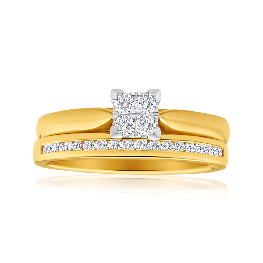 9ct Yellow Gold 2 Ring Bridal Set With 22 Diamonds Totalling 0.25 Carats
