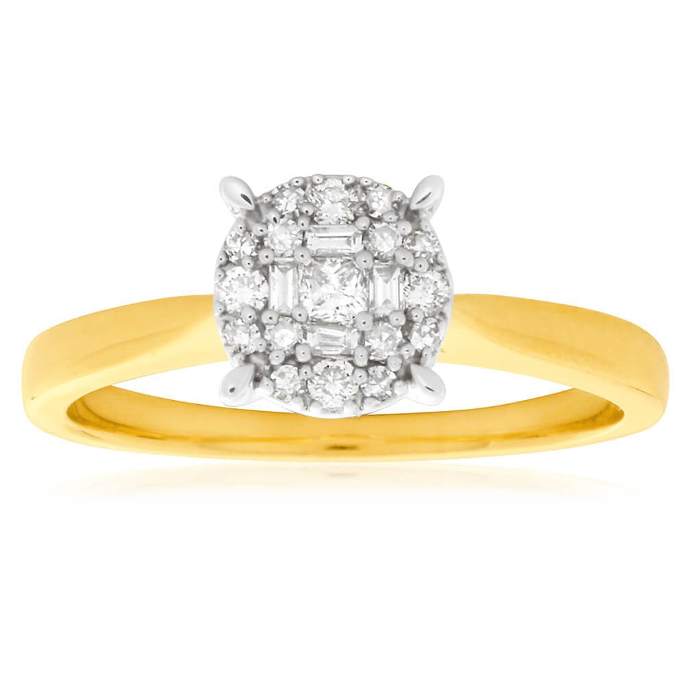 9ct Yellow Gold 1/5 Carat Diamond Ring with Brilliant Princess and Baguette Diamonds
