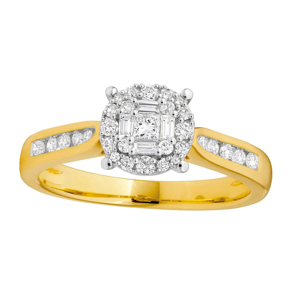 9ct Yellow Gold 3/8 Carat Diamond Ring with Brilliant Princess and Baguette Diamonds