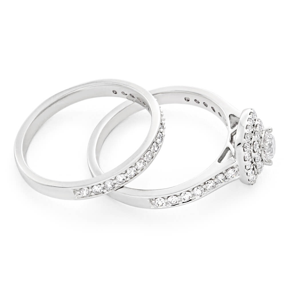 9ct White Gold 2 Ring Bridal Set With 65 Diamonds Totalling 1 Carat