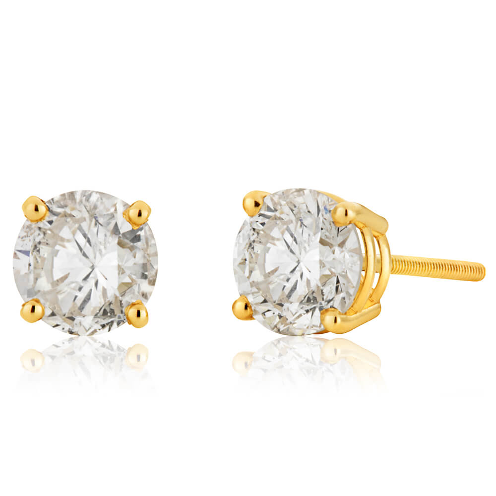 14ct Yellow Gold Diamond Stud Earrings with Approximately 1.5 Carats of Diamonds