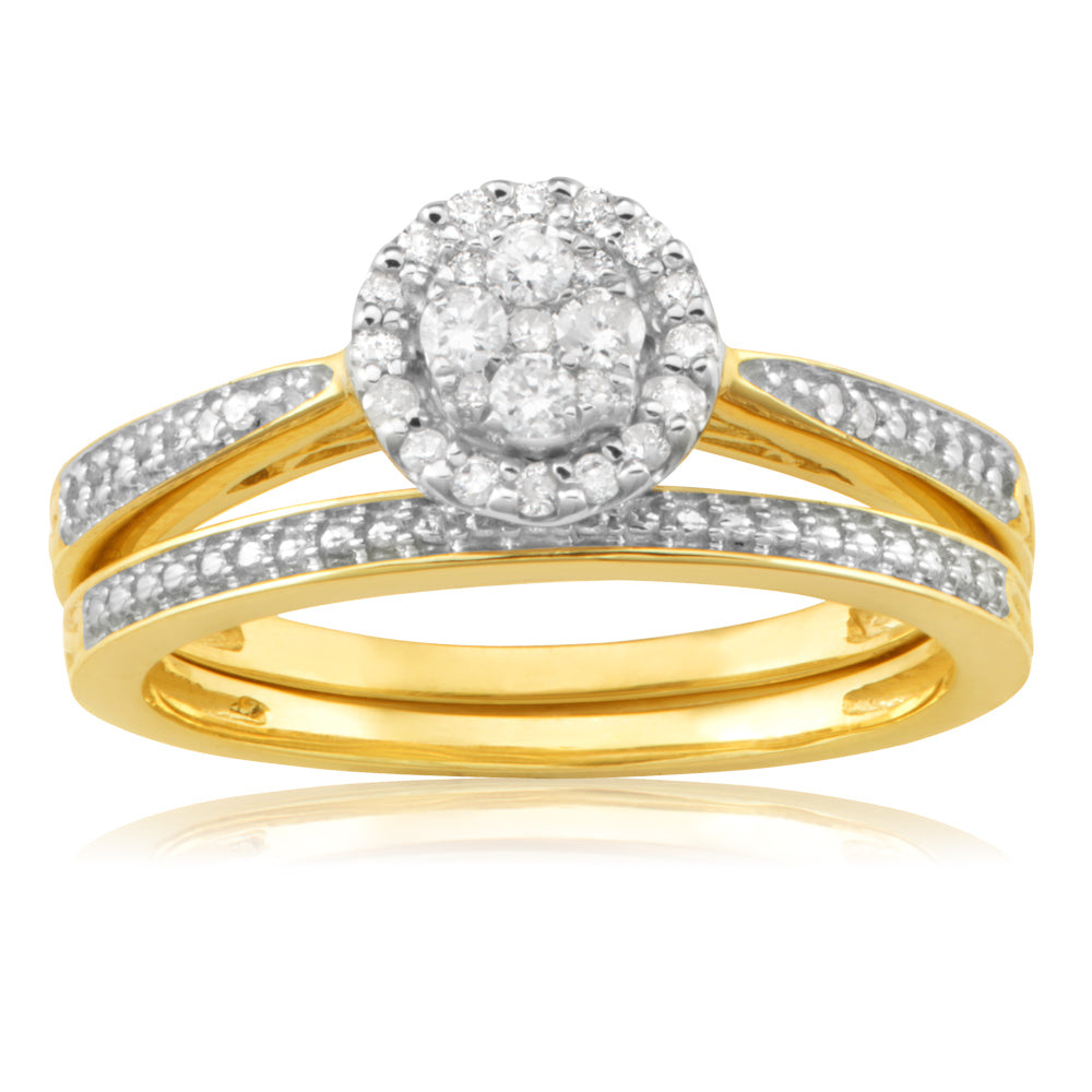 9ct Yellow Gold 2-Ring Diamond Bridal set with 1/5 Carat of Diamonds