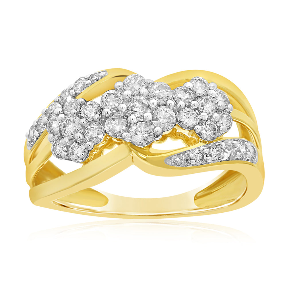 9ct Yellow Gold 1 Carat Diamond 3 Flower Cluster Ring with 33 Brilliant Diamonds
