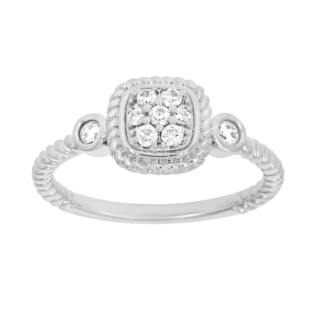 9ct White Gold Cushion Shape Diamond Ring with 9 Briliiant Diamonds