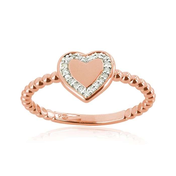 9ct Rose Gold Diamond Heart Signet Ring with 20 Brilliant Diamonds