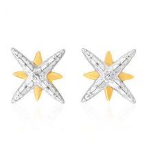 Load image into Gallery viewer, 9ct Yellow Gold Diamond Starburst Stud Earrings with 2 Brilliant Diamonds