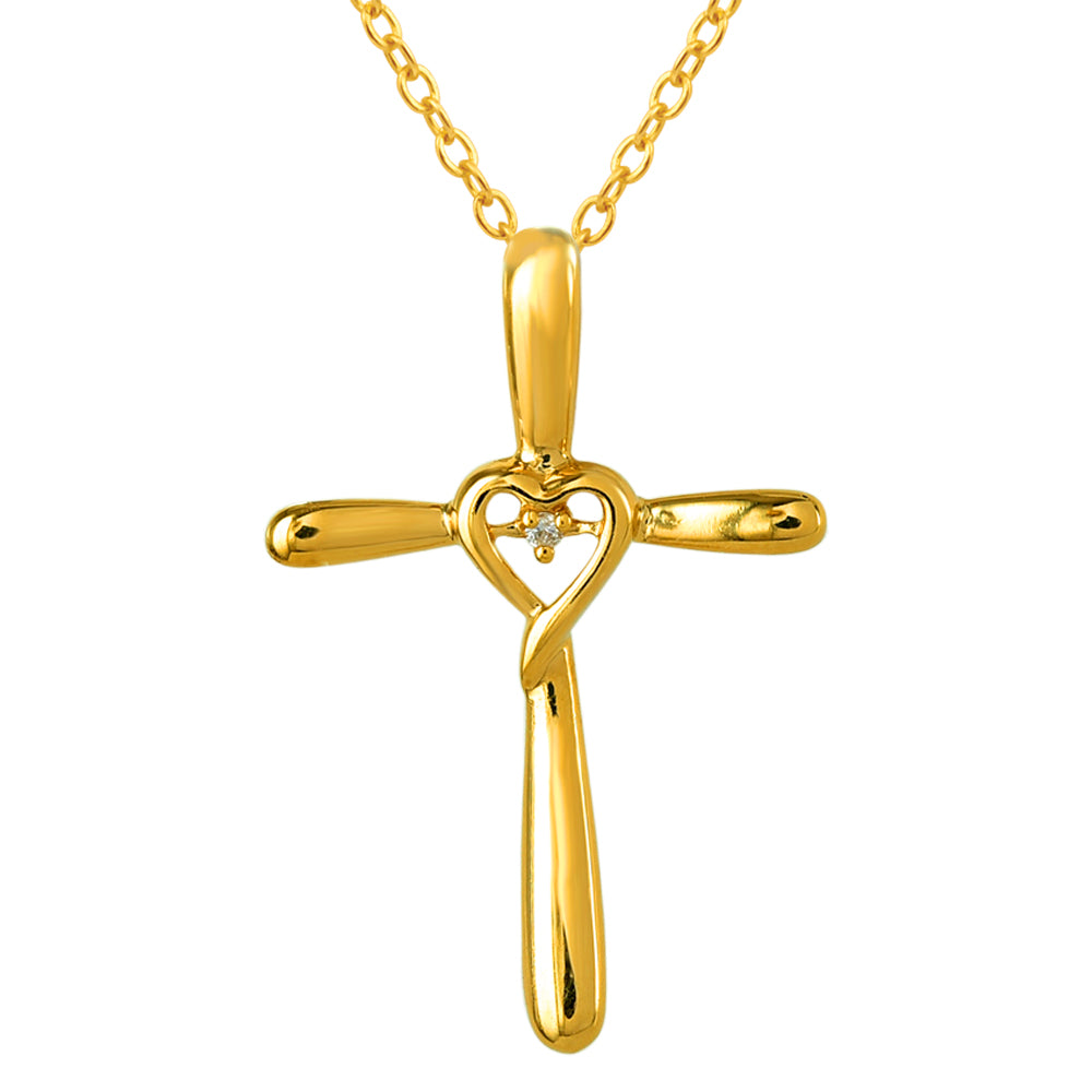 9ct Yellow Gold Diamond Cross Pendant with 1 Brilliant Diamond In Heart Shape