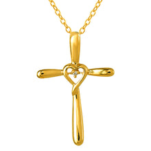 Load image into Gallery viewer, 9ct Yellow Gold Diamond Cross Pendant with 1 Brilliant Diamond In Heart Shape