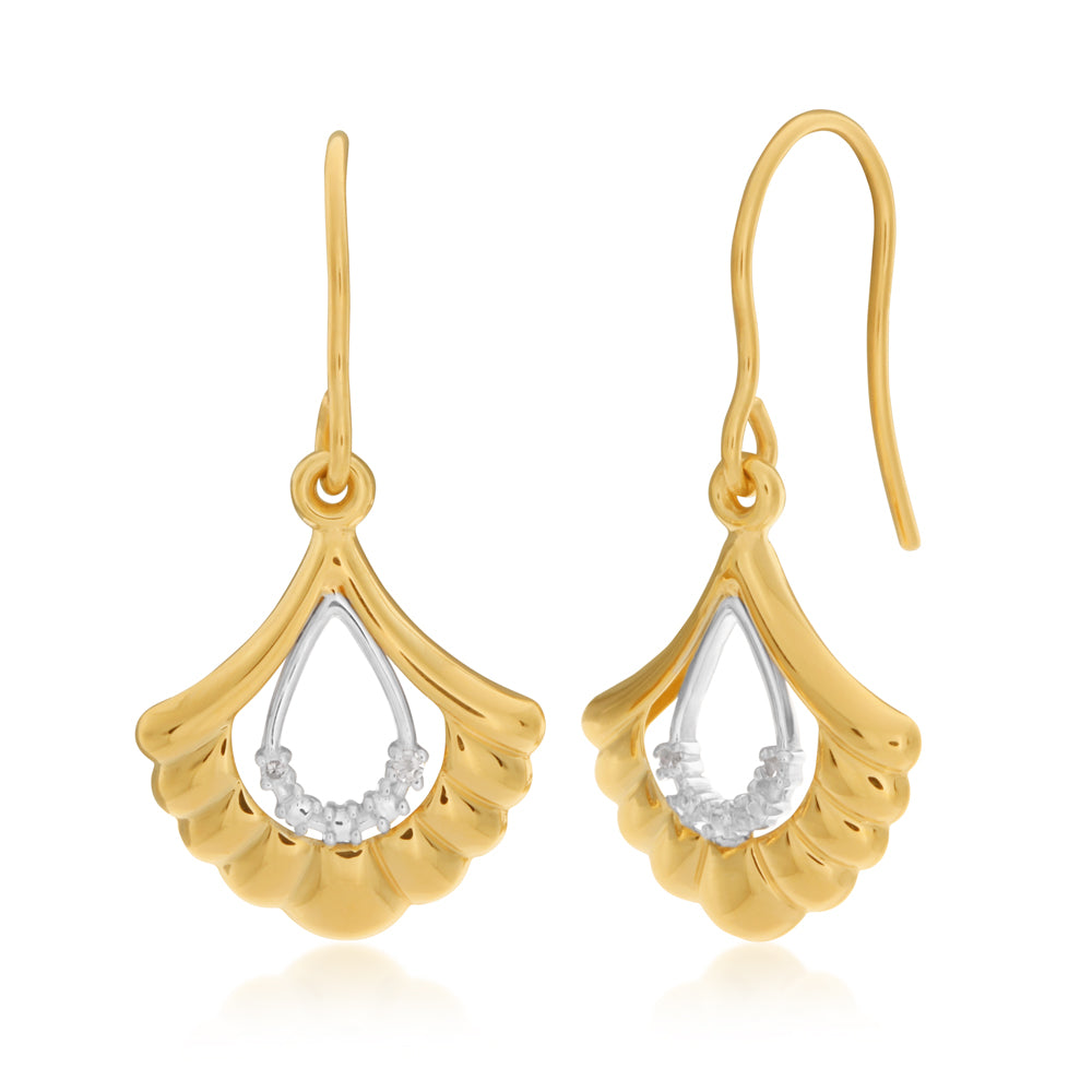 9ct Yellow Gold Diamond Fan Shape Drop Earrings with 4 Brilliant Cut Diamonds