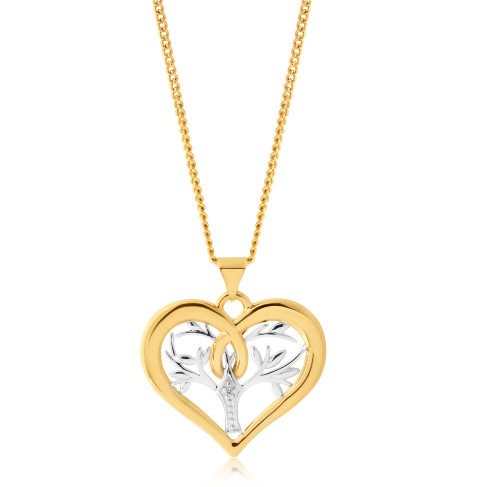 9ct Yellow Gold Diamond Tree of Life Heart Pendant with 1 Brilliant Cut Diamond