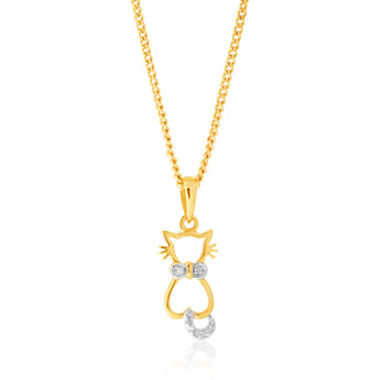9ct Yellow Gold Diamond Cat Pendant with 7 Brilliant Cut Diamonds