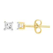 Load image into Gallery viewer, 9ct Yellow Gold  0.15 Carat Princess Diamond Stud Earrings