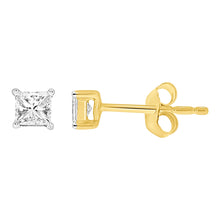 Load image into Gallery viewer, 9ct Yellow Gold 1/5 Carat Princess Diamond Stud Earrings